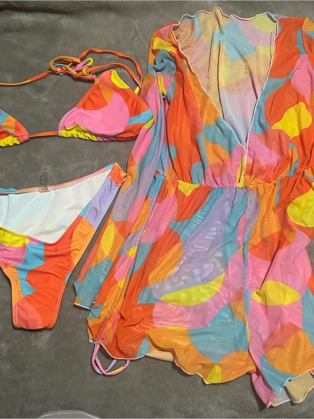 SHEIN Multicolor Orange Pink Blue Bikini Set with Sheer Cover-Up